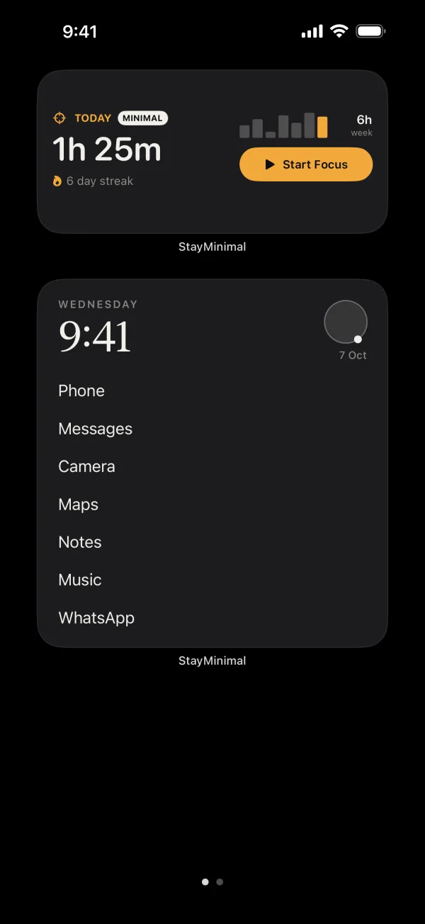 An iPhone Home Screen with two StayMinimal widgets: 1 hour 25 minutes of focus today with a 6 day streak, and the time above a plain list of apps such as Phone, Messages, Camera and Maps.