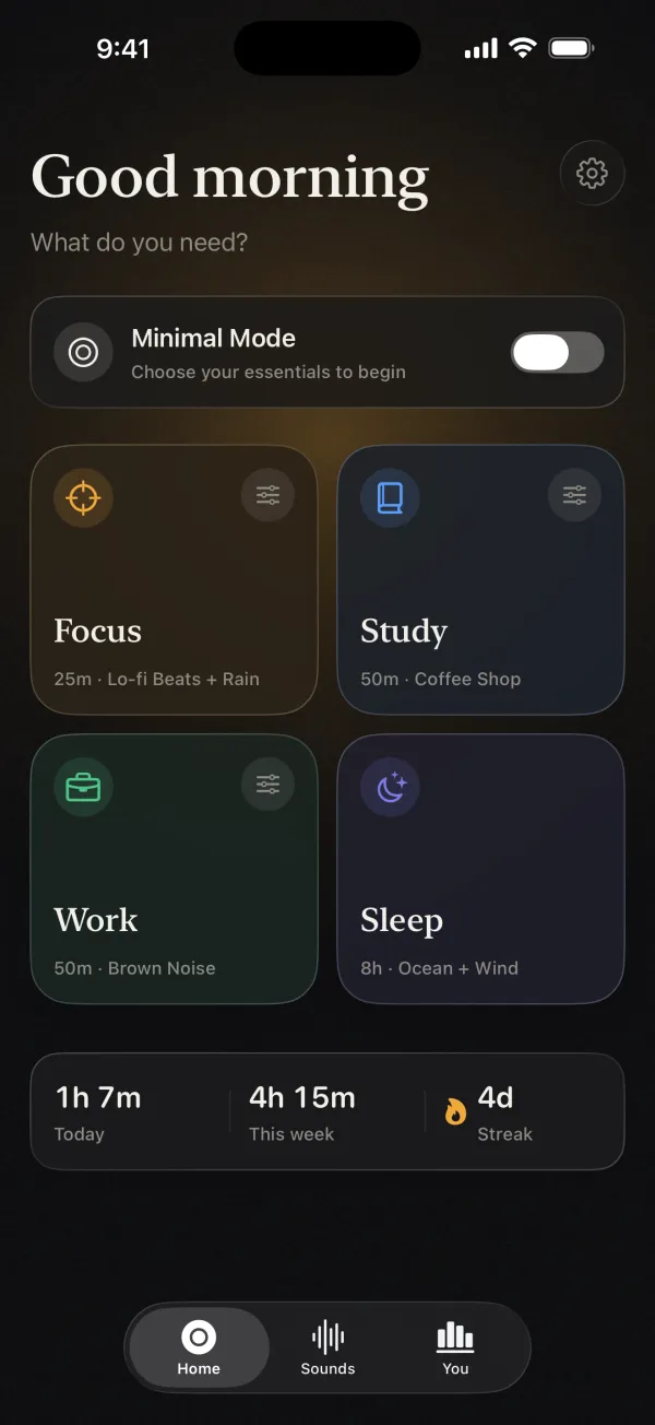 StayMinimal's Home screen with four modes: Focus, Study, Work and Sleep.