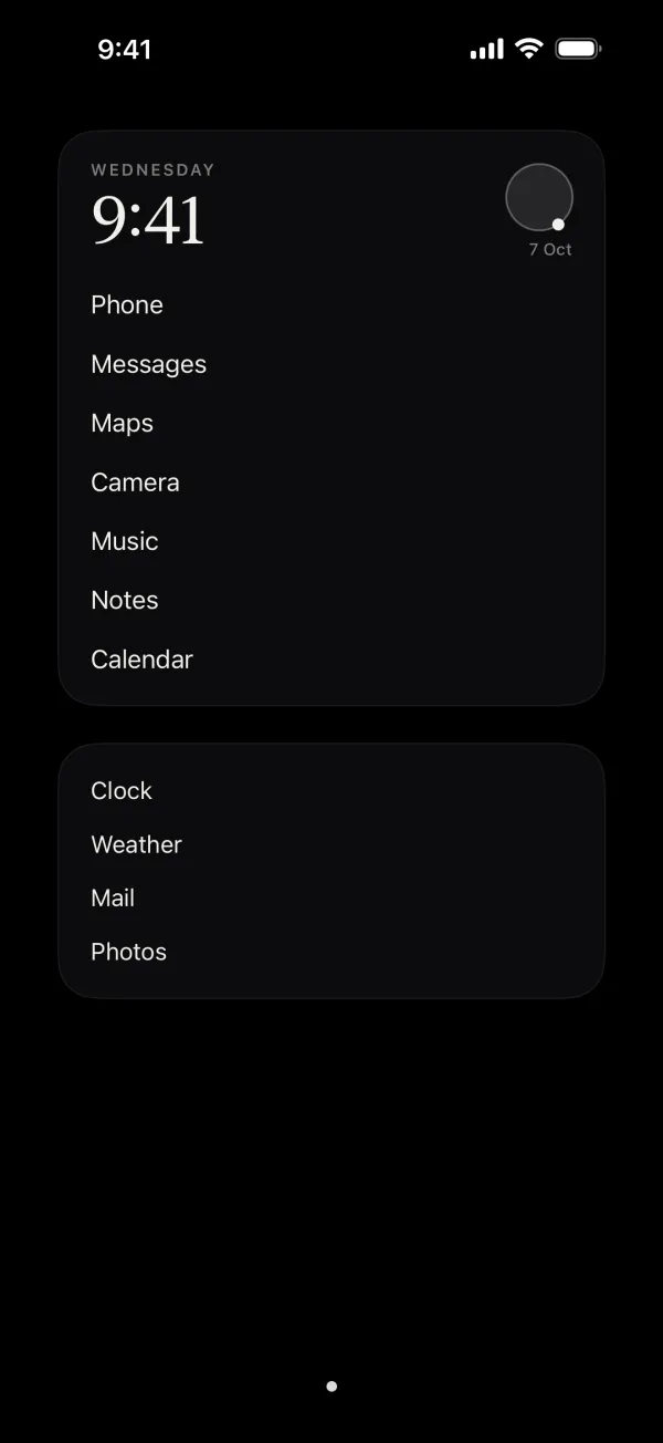 The Minimal widget on a plain black Home Screen: the date and time above a list of apps.