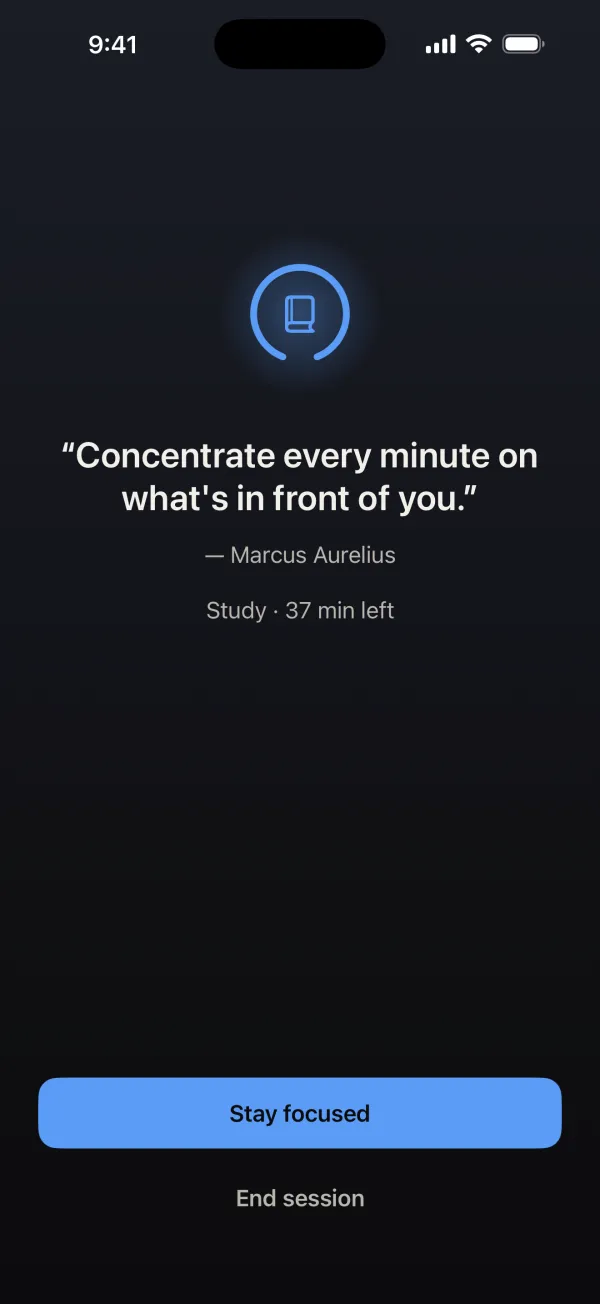 A calm pause screen with a quote by Marcus Aurelius and the words: Study, 37 minutes left. Stay focused.