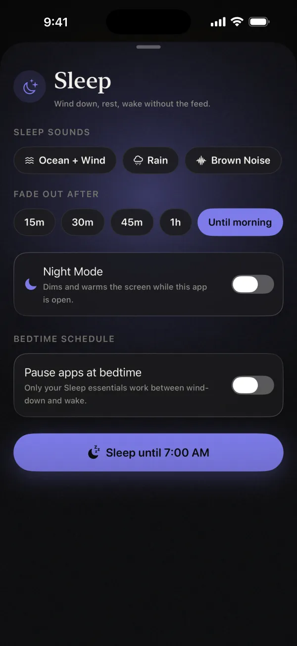 The Sleep screen with sleep sounds, a fade-out timer, Night Mode and a bedtime schedule.