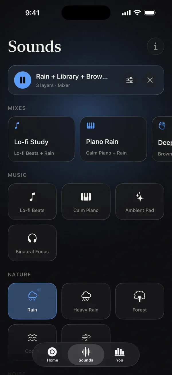 The Sounds screen with mixes such as Lo-fi Study and Piano Rain, and sounds like Rain, Forest and Calm Piano.
